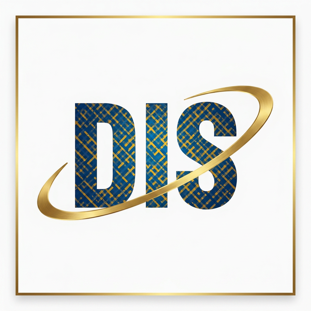 Icon logo with large bold letters _DIS_, blue and gold diagonal crosshatch pattern filling through the letters, metallic gold orbital ring swooping around the letters, professional tech company icon, square